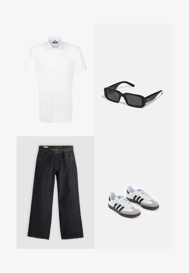 Chemise blanche à manches courtes en tissu lisse, dotée d'une fermeture à boutons, d'un col et d'une poche poitrine unique. Sans motifs ni accents.; Pantalons larges en denim foncé avec taille ceinturée, dotés de poches avant et de coutures contrastantes. Texture lisse avec un design épuré.; Baskets avec une tige en cuir blanc, un bout en daim gris et trois bandes noires. Présente un logo bleu sur la languette et une semelle en caoutchouc texturée.; Arnette THEKIDD UNISEX - Lunettes de soleil - black