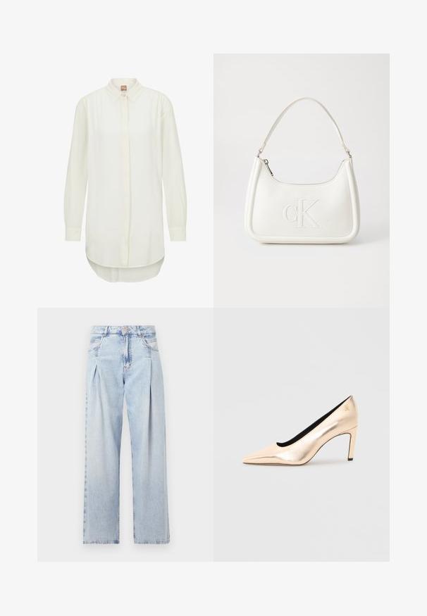 Bílá košile s dlouhým rukávem, límečkem, zapínáním na knoflíky a mírně zakřiveným spodním lemem. Hladká tkanina s uvolněným střihem.; Světlé modré džíny z denimu s vysokým pasem, širokým střihem, dvěma bočními kapsami a nařaseným designem. Měkká textura s vybledlým povrchem.; Béžové metalické lodičky na vysokém podpatku s špičatou špičkou, hladkým povrchem a černým interiérem. Obsahují malý detail loga na podpatku.; Bílá kožená kabelka s křivkovým tvarem, na přední straně s vyraženým logem "CK" a jediným ramenním popruhem. Zipový uzávěr na vrchu.
