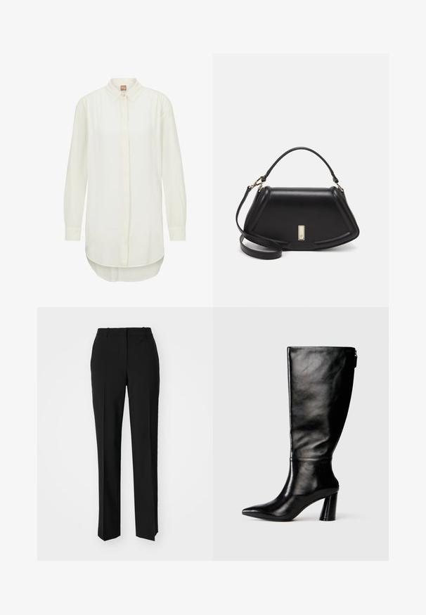 White long-sleeve shirt with a collared neckline, button front, and slightly curved hem. Smooth fabric with a relaxed fit.; Black tailored trousers with a straight-leg design, featuring a smooth texture and crisp creases along the front. No visible hardware.; Knee-high black leather boot with a pointed toe, smooth texture, and a chunky heel. Features a zipper detail at the back.; Black leather handbag with a structured design, featuring a cropped shape, top handle, and gold hardware accent. Adjustable shoulder strap included.