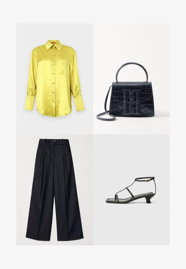 Camisa de botões em cetim amarelo com mangas compridas, gola clássica, bolso no peito e detalhes de botões na frente. Textura suave.; Calças largas pretas feitas de um tecido suave, com uma cintura alta, plissados e um design sob medida. Acessórios pretos simples na cintura.; Sandália de couro preta com biqueira quadrada, tiras finas, correia ajustável no tornozelo e um salto baixo. Possui um pequeno detalhe em ouro na tira.; Bolsa de pele preta com estampa de crocodilo, de design estruturado, com alça de mão, correia ajustável e um detalhe de logotipo em destaque na frente.