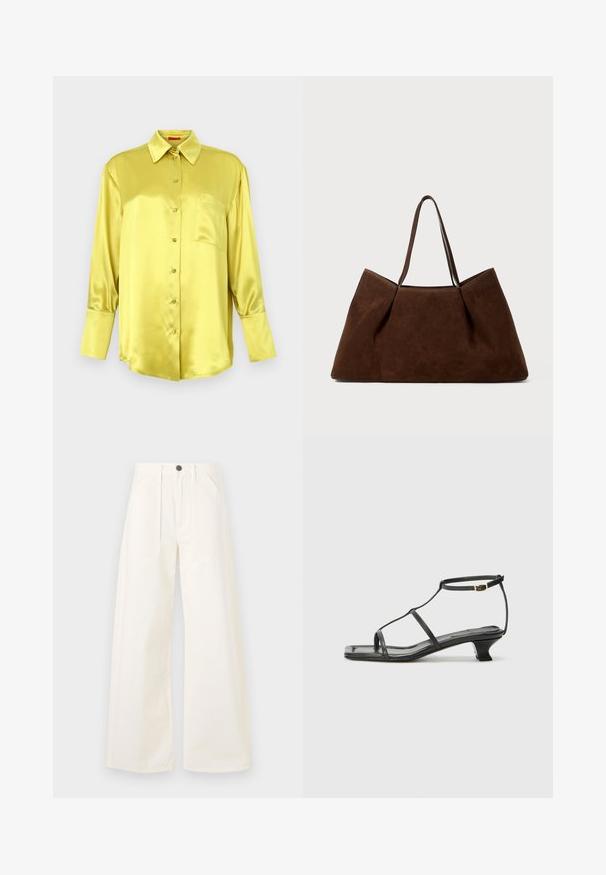 Gelbes Satin-Hemd mit durchgehender Knopfleiste, langen Ärmeln, klassischem Kragen, einer Brusttasche und Knopfdetails an der Vorderseite. Glatte Textur.; Weite Hosen aus off-white Baumwollstoff mit hoher Taille, zwei vorderen Taschen und einem einzigen vorderen Knopfverschluss.; Schwarze Ledersandale mit quadratischer Zehenpartie, dünnen Riemen, verstellbarem Knöchelriemen und einem niedrigen Absatz. Mit einem kleinen goldenen Akzent am Riemen.; Braune Wildleder-Shopper-Tasche mit zwei Schulterriemen, großzügiger rechteckiger Form und minimalistischem Design. Weiche Textur mit glatter Oberfläche.