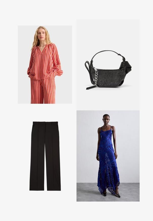Bluzka z materiału w czerwono-różowe paski, z dekoltem w kształcie litery V, zgromadzonymi ramionami i rękawami balonowymi, zestawiona z pasującymi spodniami w tym samym wzorze.; Czarne dopasowane spodnie wykonane z gładkiej tkaniny, charakteryzujące się prostymi nogawkami i dwoma bocznymi kieszeniami. Elegancka i minimalistyczna konstrukcja.; Maxi sukienka w niebiesko-fioletowy wzór zwierzęcy, z cienkimi ramiączkami, dopasowanym gorsetem, rozkloszowanym dołem i przeźroczystymi detalami.; Czarna torebka z ćwiekowanymi zdobieniami, łańcuszkowym paskiem i gładkim skórzanym uchwytem, o zaokrąglonym kształcie i zamykanej kieszeni.
