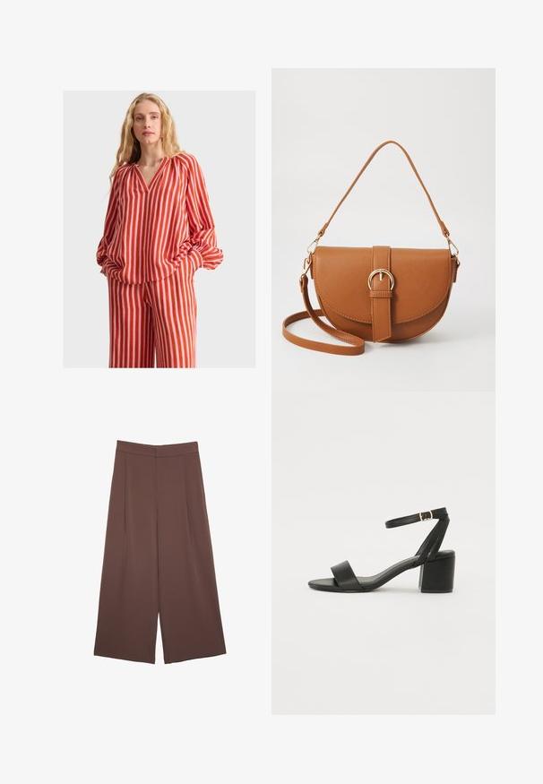 Blusa in tessuto a righe rosse e rosa con scollatura a V, spalle arricciate e maniche a palloncino, abbinata a pantaloni coordinati con lo stesso motivo.; Pantaloni ampi marroni con una texture liscia, caratterizzati da una vita alta e pieghe frontali. Il tessuto è leggero e scorre liberamente.; Sandalo nero con tacco alto, caratterizzato da una tomaia in pelle liscia, punta aperta, ampie fasce frontali e cinturino a caviglia regolabile con un dettaglio in fibbia dorata.; Borsa a tracolla in pelle marrone con forma curvata, hardware dorato e un dettaglio con fibbia. Presenta una tracolla rimovibile.