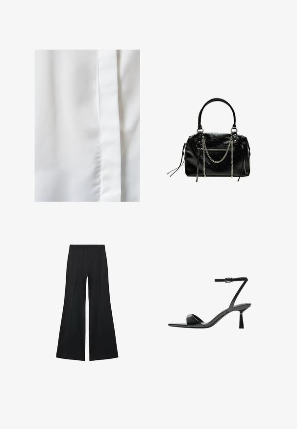 White fabric with a smooth, silky texture, featuring a subtle sheen and a vertical seam detail on the right edge.; Black wide-leg pants with a smooth texture, featuring front pleats and a tailored design. The fabric is lightweight and flowy.; Bershka High heeled sandals - black; Bershka WITH CHAIN - Handbag - black