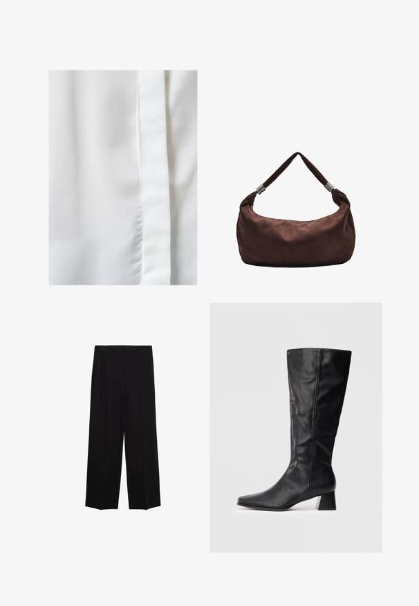 Weißer Stoff mit einer glatten, seidigen Textur, der einen subtilen Glanz aufweist und über eine vertikale Nahtdetail am rechten Rand verfügt.; Schwarze weit geschnittene Hosen aus glattem Stoff, mit Falten an der Vorderseite und seitlichen Taschen, entworfen in einem geraden, lässigen Schnitt.; Schwarze Lederstiefel in Knöchelhöhe mit spitzer Zehe und Blockabsatz auf schlichtem, hellen Hintergrund.; Braune Wildleder-Schultertasche mit Reißverschluss, ausgestattet mit einem gedrehten Tragriemen, der mit Metallakzenten verziert ist, für ein sicheres Tragen.