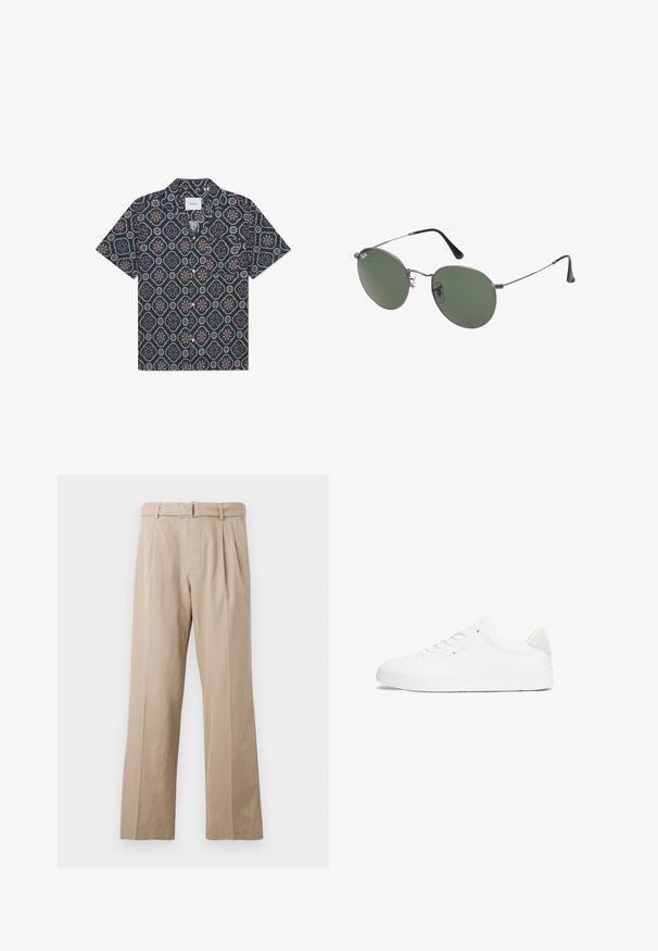 Košeľa s krátkym rukávom, ktorá je vyrobená z tmavomodrej látky s geometrickým kvetinovým vzorom v živých farbách, s gombíkovým zapínaním a voľným golierom.; Béžové široké nohavice vyrobené z hladkej zmesi bavlny, so záhybmi vpredu, šitým pásom a opaskom s kovovou sponou.; Biele tenisky s hladkým koženým zvrškom, okrúlou špičkou, plochou podrážkou a minimalistickým dizajnom. Obsahujú jemné branding a béžový akcent na päte.; Sunglass s metalovým rámom s oválnymi zelenými šošovkami. Tenký strieborný kovový rám a čierne štuple za uši. Minimalistický dizajn, bez viditeľných log.