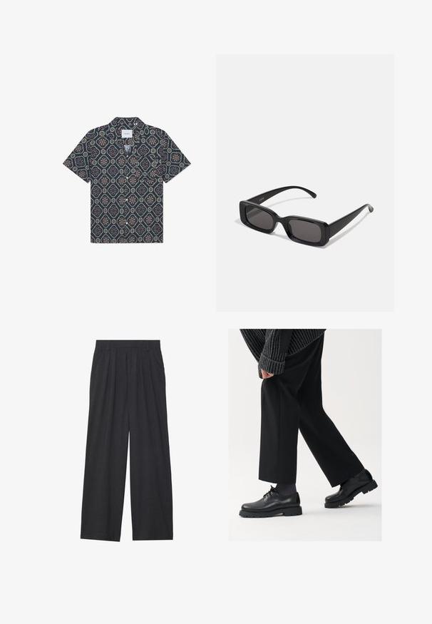 Lühikeste varrukatega särk, mis on valmistatud tumehalli kangast, millel on geomeetriline lillemuster erksates värvides, nööpidega ees ja lõdva kraega.; Laiene püksid, mis on valmistatud tumedast hallist kangast. Omavad vööümbrikus voldikuid, on kohandatud disainiga ja sirge siluett.; Mustad mustad nahast kingad ümarate varvastega, nööridega disain ja paks tekstuurne talla. Kanda koos kohandatud mustade pükstega ja ribadega sviitriga.; Mustad mustanäolised prillid tumedate läätsedega, läikiv viimistlus, laiad sangad ja massiivne raami disain. Ühe sanga peal on graveeritud brändi nimi.