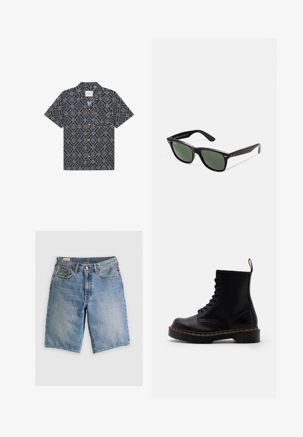 Camicia a maniche corte con un tessuto blu scuro e un motivo floreale geometrico dai colori vivaci, con chiusura a bottoni e colletto rilassato.; Shorts in denim azzurro chiaro con taglio classico. Presentano cinque tasche, dettagli di cucitura arancione e orli a taglio vivo.; Stivaletti alla caviglia in pelle nera con lacci anteriori, cuciture gialle, punta rotonda e suola in gomma spessa e testurizzata.; Occhiali da sole in plastica nera con lenti verdi, montatura quadrata, dettaglio argento sulla parte superiore e steli con texture. Marchio indicato sulla parte interna dello stelo.