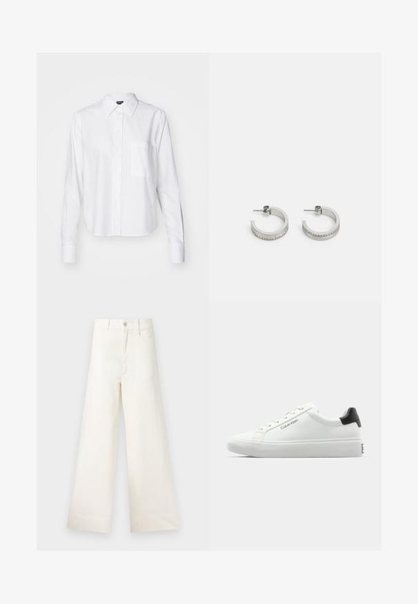 BOSS BRIELLE MONDAY - Camicia - white; Pantaloni a gamba larga in cotone beige chiaro. Caratterizzati da vita alta, tasche anteriori e un taglio dritto. Orlo pulito senza motivi.; Sneaker bianca con finitura liscia, accentuazione nera sul tallone e design con lacci. Presenta il marchio "Calvin Klein" sul lato. Stile minimalista.; Orecchini a cerchio in argento con una superficie liscia e una fila di piccole pietre trasparenti lungo il bordo inferiore, dotati di chiusura a perno.