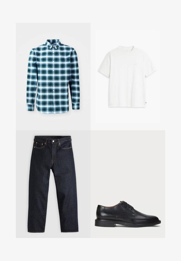 Zielona i biała koszula w kratę z długim rękawem, z kołnierzykiem zapinanym na guziki oraz guzikami z przodu. Wykonana z lekkiego materiału, cechująca się zorganizowaną formą.; Biała bawełniana koszulka z krótkim rękawem, okrągłym dekoltem i dyskretnym logo Levi's nadrukowanym na środku. Miękka tekstura i standardowy krój.; Granatowe dżinsy w prostym kroju, z pięcioma kieszeniami, kontrastującymi pomarańczowymi szwami oraz zapięciem na guzik. Brak widocznych wzorów lub zdobień.; Czarne skórzane buty wizytowe z okrągłym noskiem, sznurowanym zapięciem i niskim, warstwowym obcasem. Gładka faktura z minimalnymi detalami stębnowania.