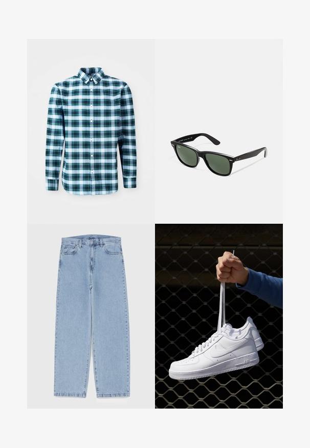 Cămașă cu mâneci lungi în carouri verzi și albe, cu guler tip button-down și nasturi pe față. Fabricată dintr-un material ușor, având un design structurat.; Top din bumbac alb, cu decolteu rotund, bretele late și margine dreaptă, având o textură fină și fără modele vizibile.; Jeans din denim de culoare albastru deschis, cu un design cu picioare drepte, având talie medie, cinci buzunare și un sistem de închidere cu nasture și fermoar.; Adidași albaștri din piele cu perforații, vârf rotund, talpă plată și șireturi groase, cu un logo swoosh vizibil și cu inscripția "AIR" pe toc.; Ochelari de soare din plastic negru cu lentile verzi, rame pătrate, accent argintiu pe sprânceană și brațe texturate. Marca este menționată pe brațul interior.