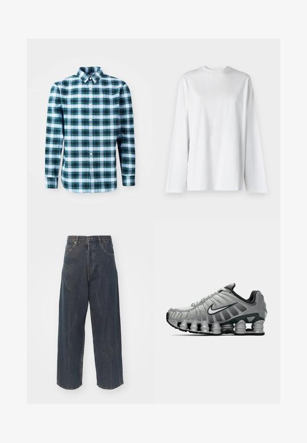 Camicetta a maniche lunghe a quadri verdi e bianchi con colletto button-down e bottoni frontali. Realizzata in tessuto leggero, presenta un design strutturato.; Weekday OVERSIZED LONG SLEEVE - Maglietta a manica lunga - white; Jeans in denim blu scuro a gamba ampia con una sottile texture strappata, cinque tasche e una chiusura classica con bottone e zip in vita.; Scarpa da corsa Nike grigia e nera con ammortizzazione visibile a molla sotto la suola e logo swoosh bianco di lato.