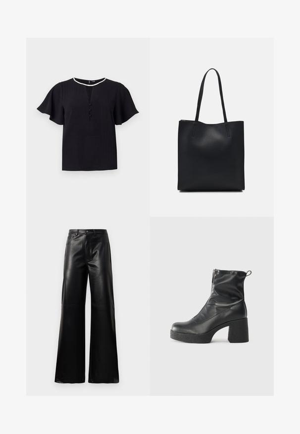 Fekete, rövid ujjú felső, texturált anyagból, kerek nyakkivágással és három gombbal az elején. Kontrasztos fehér szélekkel van szegve.; Fekete, magas derekú, széles lábú, műbőr nadrág elülső gombbal, cipzárral, övbújtatókkal és oldalsó zsebekkel, fehér háttérrel.; Fekete bokacsizmák sima bőrből, oldalsó cipzárral, vastag, texturált sarkú és lekerekített orrú dizájnnal.; Fekete bőrtáska sima felszínnel, téglalap alakú, két hosszú füllel. Nincs látható fémkiegészítő vagy díszítés.