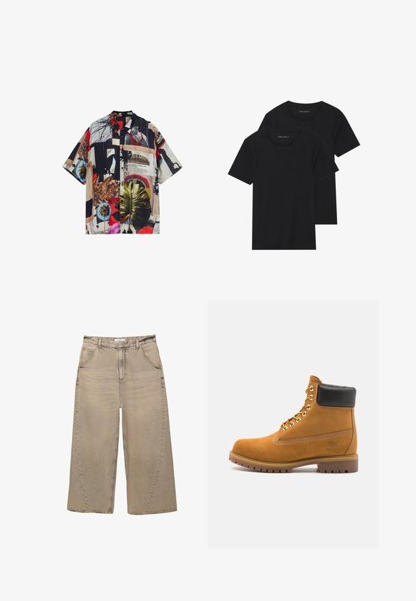 Korte mouwen overhemd met een multicolore collageprint, met verschillende patronen, palmbladeren en texturen op een lichtgewicht stof.; Twee zwarte katoenen t-shirts met korte mouwen, ronde halslijnen en een gladde textuur, gepresenteerd op elkaar gestapeld.; PULL&BEAR MEGA BAGGY - Baggy jeans - light grey; Tan suède enkelboot met zwart gevoerd kraagje, gouden metalen oogjes, witte stikdetails en een robuuste rubberen zool met uitgesproken profiel.