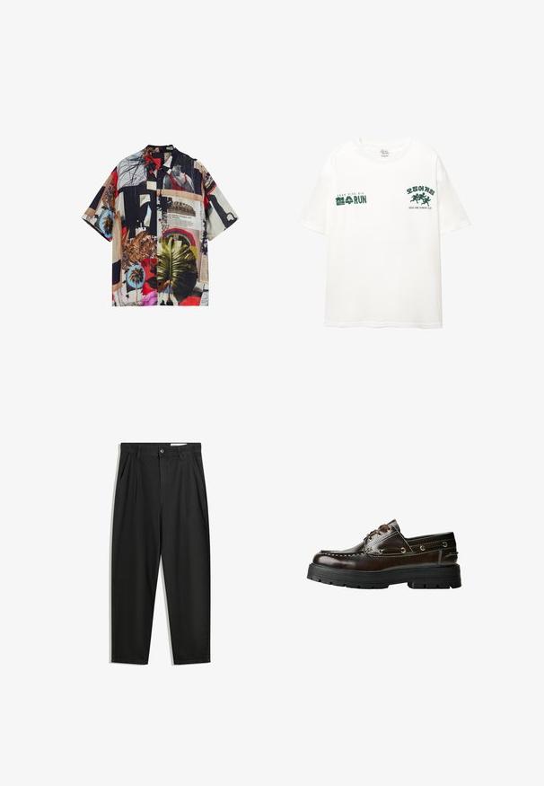 Cămașă cu mâneci scurte, cu un imprimeu colaj multicolor, ce prezintă diverse modele, frunze de palmier și texturi, confecționată dintr-un material ușor.; Tricou alb din bumbac cu mâneci scurte. Textul verde spune "FOUR FIVE SIX" și "오징어 게임", împreună cu un grafic cu figuri care aleargă.; Pantaloni negri din bumbac cu croială lejeră, având un brâu clasic, plii frontale și buzunare laterale. Textură netedă fără modele.; Pantofii de bărbat din piele maro, cu talpă din cauciuc, prezentând detalii de cusătură, ochiuri metalice și design cu șireturi. Construcție masivă, dar ușoară.