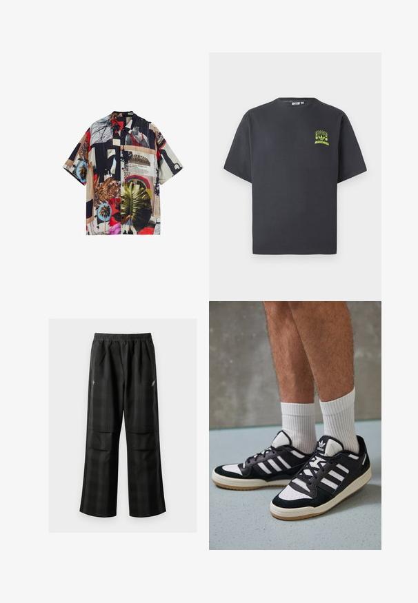 Korte mouwen overhemd met een multicolore collageprint, met verschillende patronen, palmbladeren en texturen op een lichtgewicht stof.; Koolgrijze Adidas T-shirt met korte mouwen en een kleine neon groene graphic van luidsprekers, zon en het Adidas-logo op de linkerkant van de borst.; Zwarte geruite broek met een elastische tailleband, twee voorzakken en een losse pasvorm met een rechte pijpdesign. Gemaakt van lichtgewicht materiaal.; Zwart-witte sneakers met een bovenwerk van suede en leer, voorzien van drie witte strepen, een geperforeerde neus en een rubberen gumzool.