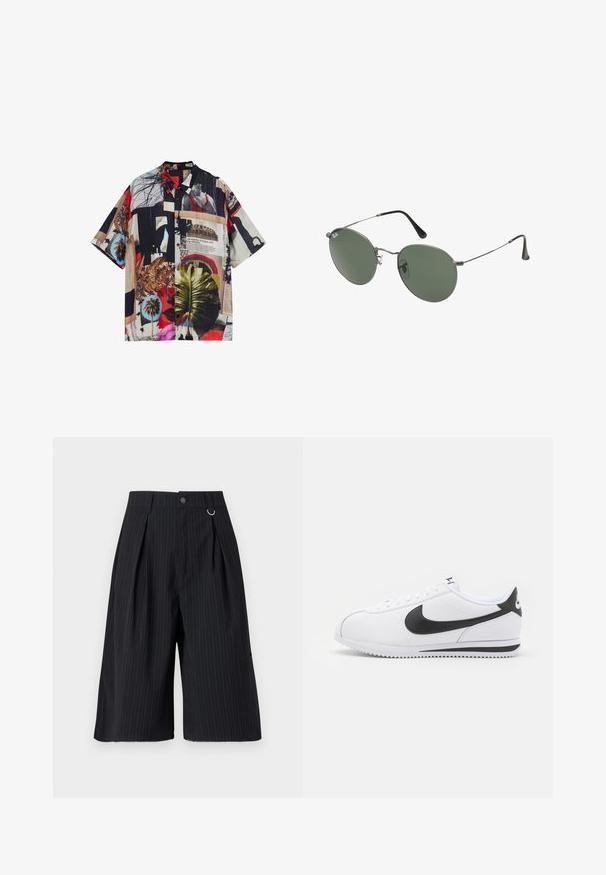 Rövidujjú, gombos ing, multik színű kollázs mintával, különböző mintákkal, pálmalevelekkel és textúrákkal, könnyű anyagon.; Fekete csíkozott nadrágshort, redőkkel, gombos záródással és fémbetéttel. Simás anyagú, testhezálló fazon és térd hosszúságú dizájn.; Fehér bőr sportcipők fekete Nike swoosh-szal, lapos fűzős rögzítéssel és texturált gumitalppal. Lekerekített orr és párnázott boka rész a kényelem érdekében.; Fémkeretes napszemüveg ovális zöld lencsékkel. Vékony ezüst színű fémkeret és fekete fülrész. Minimalista dizájn, látható logók nélkül.