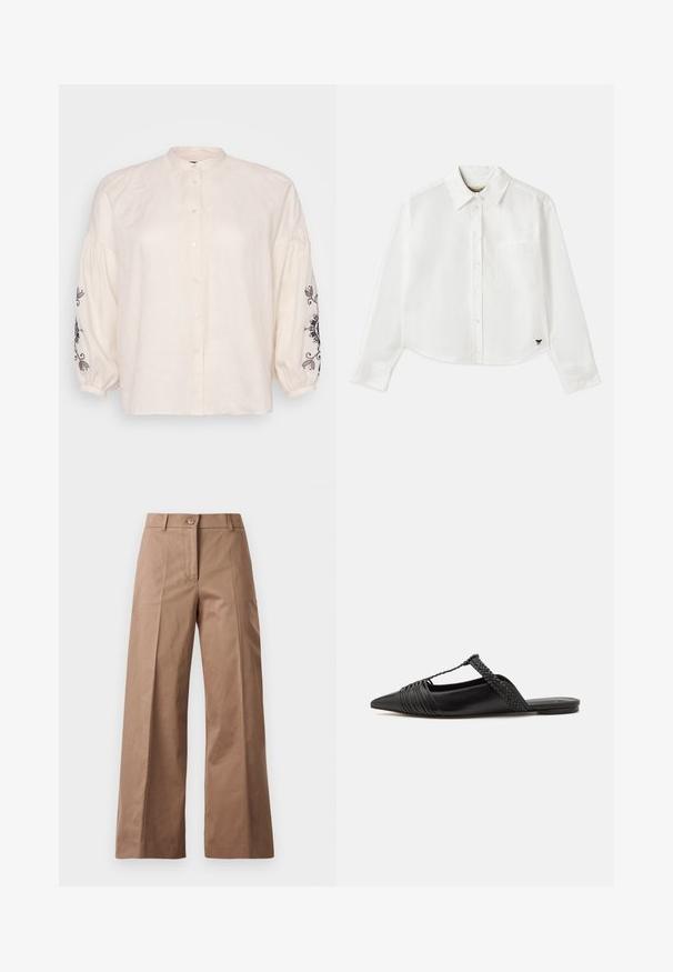 Ivory linen shirt with a mandarin collar, long puff sleeves featuring black floral embroidery on cuffs, and front button closure.; White cropped long-sleeve shirt made of cotton. Features a button-up front, a chest pocket, and a small black logo on the bottom left.; Brown wide-leg trousers made from a smooth fabric, featuring a front button closure, two front pockets, and clean, tailored lines.; Black leather slingback shoe with a pointed toe, featuring a woven accent and pleated upper design. Flat sole with minimal hardware.