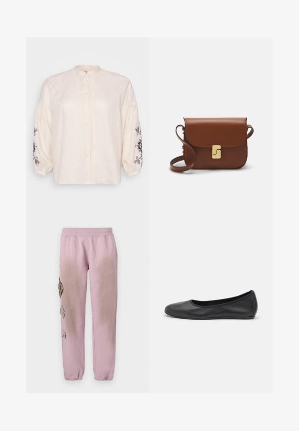 Chemise en lin ivoire avec col mandarin, longues manches bouffantes ornées de broderies florales noires aux poignets et fermeture à boutons sur le devant.; Pantalon de survêtement rose avec une taille élastique, présentant des patches décoratifs en forme de diamant sur le côté gauche et des poignets élastiques aux chevilles.; Ballerines en cuir noir avec un bout rond, texture lisse, détails de couture minimalistes et design de semelle flexible.; Sac à main en cuir marron avec une fermeture à rabat, des accents en métal doré, une bandoulière et une texture lisse. Forme rectangulaire compacte.
