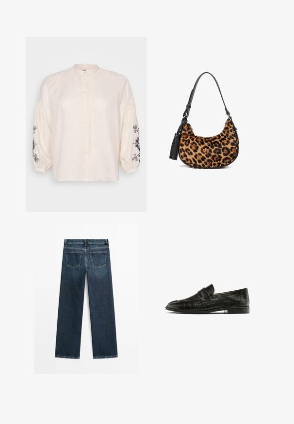 Ivory linen shirt with a mandarin collar, long puff sleeves featuring black floral embroidery on cuffs, and front button closure.; Dark blue denim jeans with a straight cut, featuring two back pockets and visible stitching along the seams and hems.; Black loafers with a crocodile leather texture, featuring a prominent strap across the instep, displayed against a white background.; Leopard-patterned bag with a black leather strap and tassel. Textured fur-like material. Curved shape with gold hardware accents.; Silver-tone hoop earrings with a row of clear stones and a round crystal pendant hanging from each. Polished metal, sleek design.