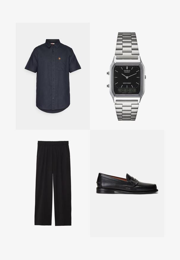 Lyhythihainen nappipaidat tummansinisestä kankaasta, jossa on rintatasku ja pieni logopatch vasemmassa yläkulmassa.; Mustat väljät housut, joissa on laskostettu etuosa, sivutaskut ja sileä kankaan rakenne. Suunniteltu rentoa istuvuutta varten.; Musta nahkainen loafer, jossa on sileä pinta, pyöristetty kärki ja koristeellinen nauha päälliosassa. Varustettu matalalla mustalla pohjalla.; Vesipitävä musta neliskulmainen quartz-kello, jossa on hopeanvärinen ruostumaton teräsranneke, analogiset viisarit ja digitaalinen näyttö.