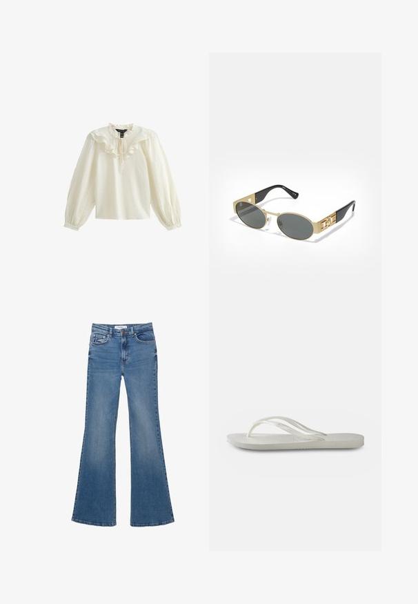 Vit långärmad blus med volangkrage och mjuk textur; har en knytning vid kragen och samlade puffärmar.; Blå denimbyxor med utsvängda ben, fram- och bakfickor, bälteshällor och knäppning, liggande platt på en vit bakgrund.; Vit flip-flop med en strukturerad sula, som har tunna remmar och en platt design. Tillverkad av gummi med en diskret logotyp på fotsulan.; Ovala solglasögon med en guldmetallram och grå linser. Utrustad med svarta acetatstänger med guldaccenter och logodetaljer på sidorna.