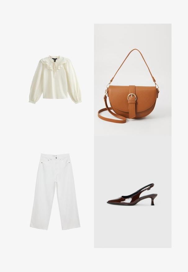 Vit långärmad blus med volangkrage och mjuk textur; har en knytning vid kragen och samlade puffärmar.; Vita vida jeans i denim med hög midja, med fem fickor och metalldetaljer. Slät textur, inga synliga mönster.; Brun lackläder slingback-sko med spetsig tå och en måttlig klack. Utrustad med en spännband för säker passform. Slät textur.; Brun läder crossbody-väska med en böjd form, gyllene detaljer och en spänneaccent. Har en avtagbar axelrem.
