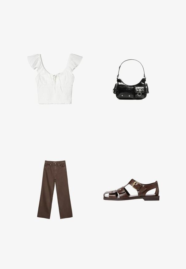 Bijela kratka majica s kratkim valovitim rukavima, kvadratnim izrezom i detaljem za vezanje sprijeda. Tkanina je mekana s teksturiranim smock efektom.; Proširene smeđe traperice od denima, s visokim strukom, prednjim džepovima i klasičnom kopčom na dugme. Glatka tekstura s suptilnim šavovima.; Smeđe kožne sandale s izrezbarenim dizajnom, podesivim bočnim kopčanjem i ravnim potplatom, s metalnim detaljima i otvorenim prstima.; Crna patentna kožna torba s zakrivljenim oblikom, jednim remenom za rame, prednjim džepovima i akcentima od srebrnog tona.