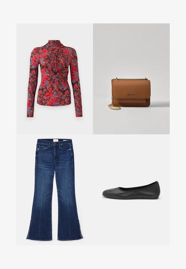Dlouhý rukáv top z měkké tkaniny se živým květinovým vzorem v červené, modré a hnědé barvě. Vyšší límec s řaseným designem vpředu.; Tmavě modré zvonové džíny vyrobené z denimu. Mají vysoký pas, přední kapsy a rozparky na lemu. Klasický design s pěti kapsami.; Černé kožené baletní byty s kulatou špičkou, hladkou texturou, minimálními švy a flexibilním designem podrážky.; Hnědá texturovaná kožená kabelka přes rameno se zlatým řetízkovým popruhem a klopnovým uzavíráním. Přední strana obsahuje detail loga a kapsu pod klopou.