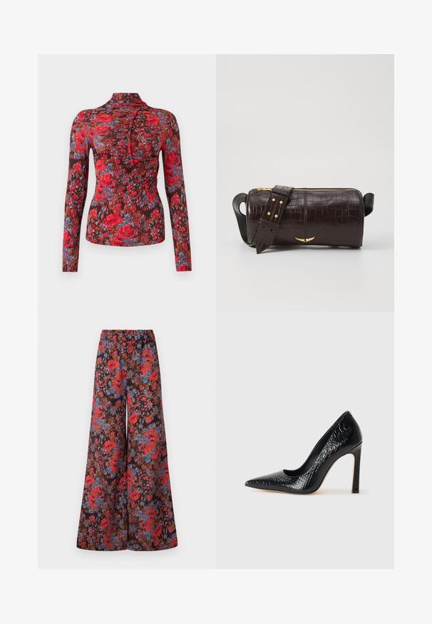 Long-sleeve top in soft fabric featuring a vibrant red, blue, and brown floral pattern. High collar with a ruched design along the front.; Wide-leg trousers featuring a black fabric adorned with a vibrant floral pattern in red and blue, with an elastic waistband for comfort.; Black pointed-toe high heel shoe with a crocodile-skin texture, featuring a sleek design, high stiletto heel, and smooth black interior.; Brown crocodile-embossed leather bag with a cylindrical shape, gold-tone hardware, and a detachable strap featuring studs.