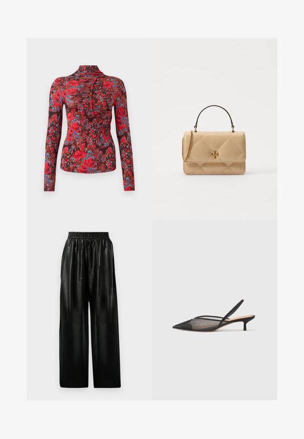 Dugi rukavičasti top od mekog materijala s vibrantnim crvenim, plavim i smeškim cvjetnim uzorkom. Visoki ovratnik s naboranim dizajnom duž prednje strane.; Crne kožne hlače širokih nogavica s elastičnom trakom u struku, koje imaju dva bočna džepa i glatku, sjajnu površinu.; NEOUS IRENA - Klasične cipele s visokom petom - black; Kvadrišna bež kožna torba s zlatnim hardverom, lančana naramenica i gornja ručka. Ima prednji poklopac i detalj s potpisom.