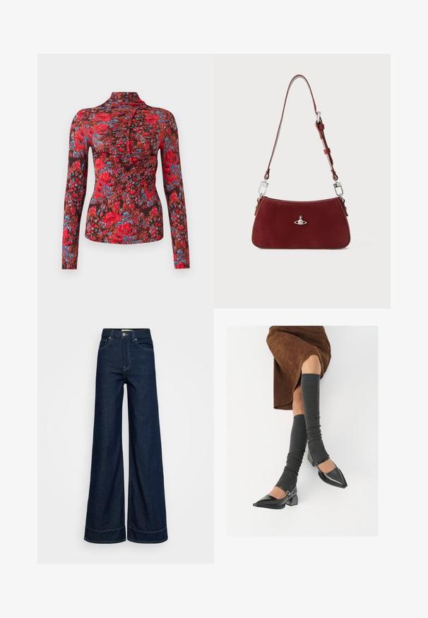 Długi rękaw, bluzka z miękkiego materiału, z jaskrawym kwiatowym wzorem w odcieniach czerwieni, niebieskiego i brązu. Wysoki kołnierz z marszczeniem na przodzie.; Ciemnoniebieskie, wysokie dżinsy o szerokich nogawkach z przednimi kieszeniami, szlufkami na pasek, zapięciem na guzik i widocznym przeszyciem na białym tle.; Czarne lakierowane buty na szpilce z prostokątnym obcasem i paskiem na kostce, zestawione z szarymi prążkowanymi ocieplaczami na nogi oraz brązową zamszową spódnicą.; Czerwona zamszowa torba na ramię o wyprofilowanym kształcie. Posiada srebrny akcent oraz regulowany pasek z detalami ze stali. Gładka tekstura.