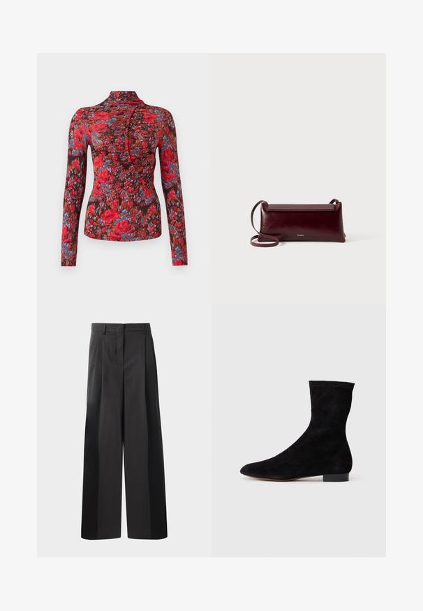 Dugi rukavičasti top od mekog materijala s vibrantnim crvenim, plavim i smeškim cvjetnim uzorkom. Visoki ovratnik s naboranim dizajnom duž prednje strane.; Crne široke hlače s visokim strukom, s prednjim nabranim detaljima, glatkom teksturom i krojenim završetkom. Dizajnirane za opušteni kroj.; Crne nubuk čizme do gležnjeva s uskim okvirem, špicastim vrhom i niskom bloknom petom. Glatka tekstura i minimalistički dizajn, pogodne za svestrano stiliziranje.; Bordo kožni torbica preko tijela s glatkom teksturom, pravokutnim oblikom, preklopom i tankim podešivim remenom. Vidljiv zlatni detalj s logotipom.