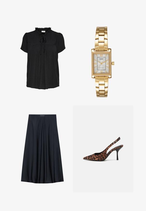 Black short-sleeve blouse with a ruffled neckline and tie detail. Features textured dot pattern and pleated front design. Soft fabric.; Black, knee-length skirt made of lightweight fabric with a flowy design. Features a smooth texture and subtle pleats for added detail.; Leopard-print slingback high heels with a pointed toe, black glossy heel, and adjustable ankle strap. Soft material with a textured finish.; Gold-tone rectangular wristwatch with a white dial, silver-tone hour markers, and a durable metal link bracelet. Water-resistant feature included.