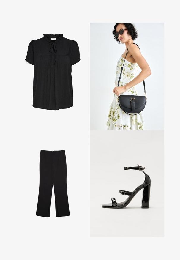 Musta lyhythihainen paita, jossa on röyhelökaulus ja solmuspisto. Sisältää teksturoidun pistekuvion ja laskostetun etusuunnittelun. Pehmeää kangasta.; Mustat housut suoralinjaisella leikkauksella, joissa on etutaskut ja sivurei'ät helman alla. Valmistettu pehmeästä ja sileästä kankaasta. Sopii eri tilaisuuksiin.; Musta kiiltäväpintainen korkokengät, joissa on kaksi solkikiinnitystä, neliönmuotoinen kärki ja paksu korko, sileällä, kiiltävällä pintarakenteella.; Musta nahkainen käsilaukku, joka on kaareva muotoilultaan, irrotettavalla hihnalla ja kultaisilla yksityiskohdilla. Laukussa on läppä, jossa on solk yksityiskohta.