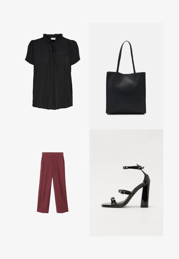 Musta lyhythihainen paita, jossa on röyhelökaulus ja solmuspisto. Sisältää teksturoidun pistekuvion ja laskostetun etusuunnittelun. Pehmeää kangasta.; Bordeaux leveled trousers with a smooth texture, featuring side pockets and a high waist design. Tailored with a clean front crease.; Musta kiiltävä korkokenkä sandaalit neliönmuotoisella varpaalla, nilkkaremmillä ja hopeisilla soljilla. Varustettu tukevalla lohkokorkealla vakauden takaamiseksi.; Mustapahkainen kangaskassi, jossa on sileä pinta, suorakaiteen muotoinen ja kaksi pitkää kahvaa. Ei näkyvää metalliosaa tai koristeita.