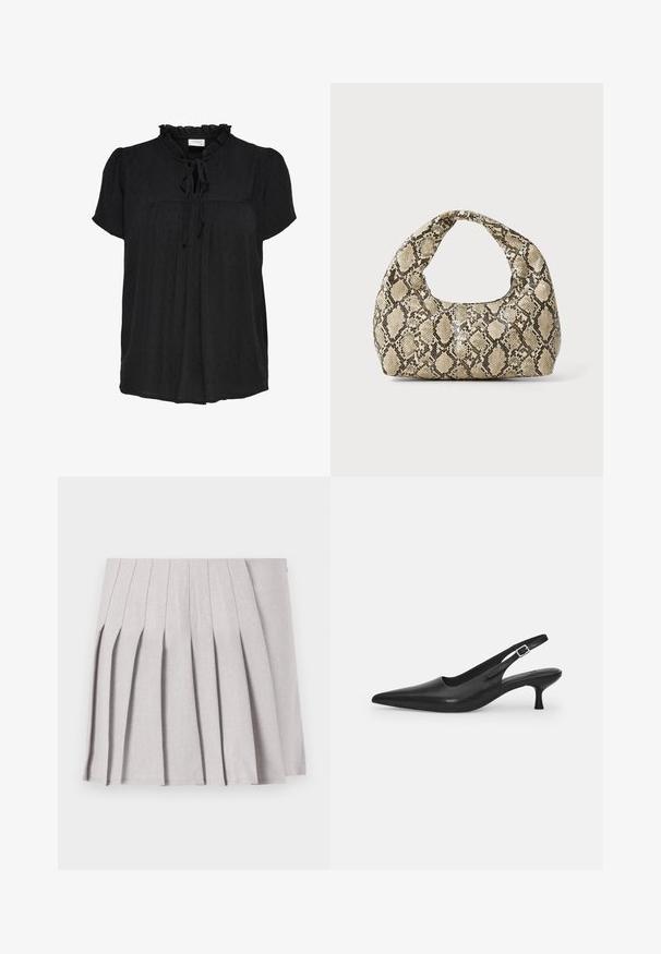 Črna bluzica s kratkimi rokavi z nabrano obliko ovratnika in detajl ježka. Ima teksturiran pikčast vzorec in naguban sprednji del. Mehka tkanina.; Siva plisirana krila z gladko teksturo, ki ima več navpičnih gub in prilegajoč pas. Narejena iz lahkega materiala.; Črne usnjene sandale z odprtim peto in konično oblikovanim prstom ter ozkim, ukrivljenim petnim delom. Imajo diskretno nastavljivo zaponko z kovinsko sponko.; Torba z vzorom kače s ukrivljenim ročajem. Narejena iz teksturiranih, bež in rjavih materialov, ki imajo značilen diamante vzorec.