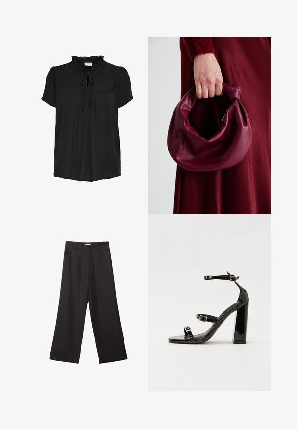 Musta lyhythihainen paita, jossa on röyhelökaulus ja solmuspisto. Sisältää teksturoidun pistekuvion ja laskostetun etusuunnittelun. Pehmeää kangasta.; Mustat leveälahkeiset housut, jotka on valmistettu sileästä kankaasta. Niissä on edessä vetoketju ja kaksi sivutaskua, ja niiden muotoilu on räätälöity ja minimalistinen.; Musta kiiltävä korkokenkä sandaalit neliönmuotoisella varpaalla, nilkkaremmillä ja hopeisilla soljilla. Varustettu tukevalla lohkokorkealla vakauden takaamiseksi.; Burgundy-nahkakäsilaukku, jossa on pehmeä, ryppyinen muotoilu ja pyöreä muoto. Kahva on kiinnitetty tukevasti, ja siinä on sileä pinta.