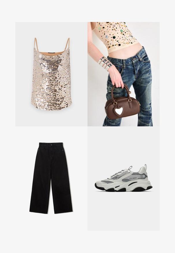 Nackter Paillettenoberteil mit dünnen Trägern, ausgestattet mit silbernen und schwarzen Pailletten in einem schimmernden Muster, glatter Textur und lockerer Passform.; Schwarze, weit geschnittene Jeans aus Denim mit hoher Taille, die ein Fünf-Taschen-Design und einen einzelnen Knopfverschluss vorne aufweist.; Weiße Sportsneakers mit Mesh-Elementen, grauen Akzenten und schwarzen Gummisohlen. Verfügt über Schnürsenkel, eine Zuglasche und Markenkennzeichnung.; Braune Ledertasche mit herzförmigem Akzent, abgerundetem Design, goldenen Beschlägen, gehalten von einer Hand; kombiniert mit verwaschenem Denim und einem bestickten Top.