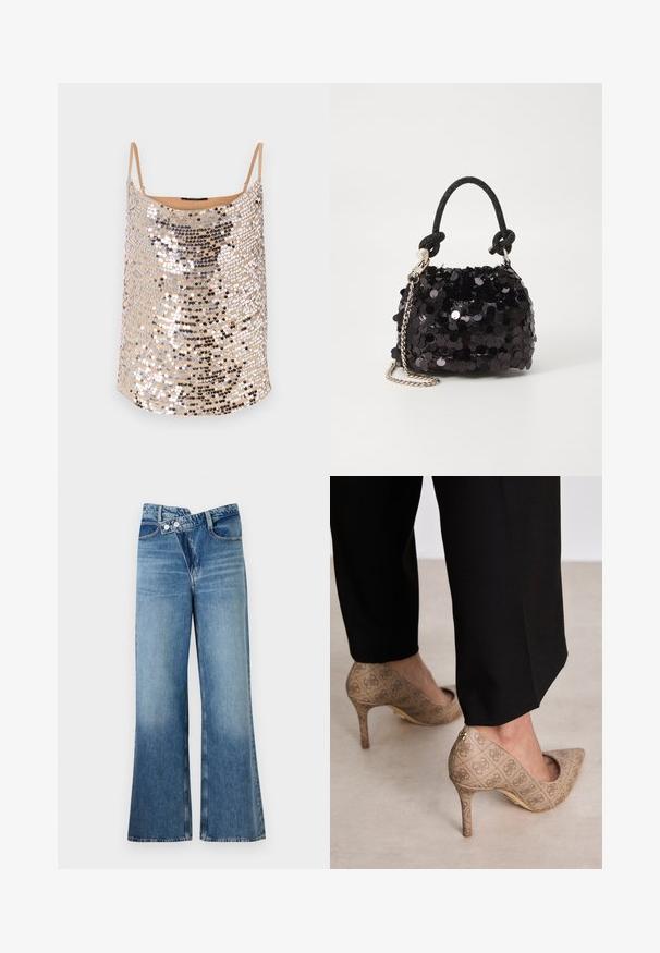 Nude värvi sädeleva üksteisega üksteisega kaelusega üksteisega sangadega, hõbedaste ja mustade sädelustega, mis loovad särava mustri, sileda tekstuuri ja lõdva lõike.; Heledad sinise denimi laienevad teksad kõrge vöökohaga, millel on kaks nööpi ja eesnahk. Kangas on tuhm tekstuuriga, kus on kergeid varieeruvaid toone.; Beige kõrged kontsad, mis on valmistatud tekstureeritud kangast, millel on korduv muster. Terava nina disain tagakülje aktsendi ja kuldse kontsiga.; Must have mustrõngus mustal sädelev mini käekotil on sõlme tekstuuriga rihm ja hõbedane ketis. Ümar kuju, kokku kogutud ülaosa ja peegeldav detail.