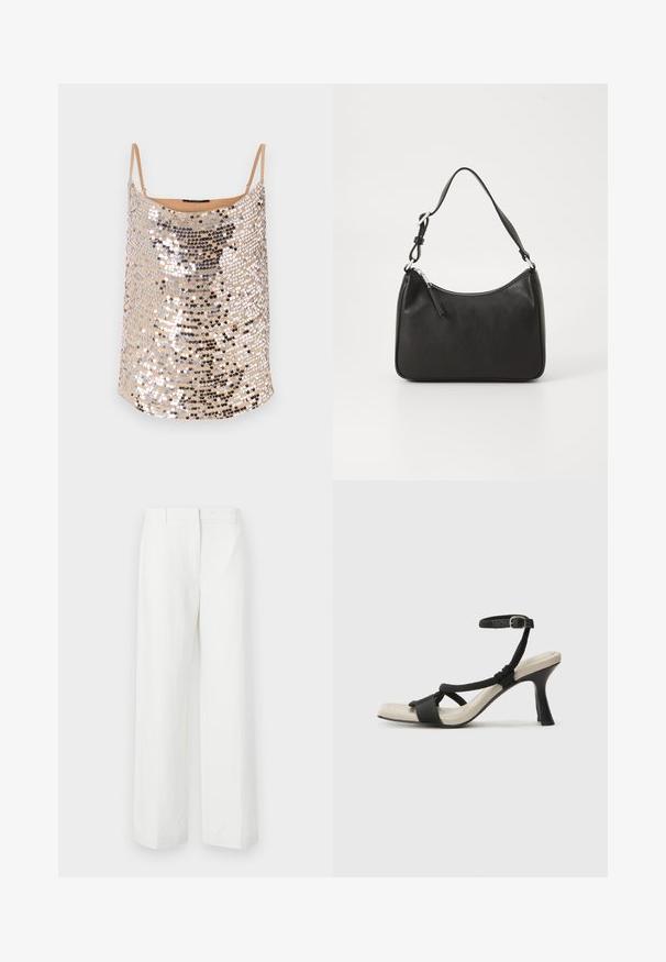 Top de lentejuelas nude con tirantes finos, con lentejuelas plateadas y negras en un patrón brillante, textura suave y corte holgado.; Pantalones de pierna ancha blancos con una textura suave, que presentan un frente plano y pliegues marcados. Hechos de una tela ligera, sin patrones visibles.; Sanda¡ía de tacón negro con diseño de tira trenzada, punta cuadrada y correa ajustable en el tobillo. Plantilla de color beige claro con un tacón negro brillante.; Bolso de mano de cuero negro con forma curvada, una sola correa, cierre de cremallera y marcas sutiles en la parte frontal. Textura suave, diseño minimalista.