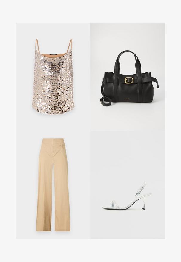 Top nude in paillettes con spalline sottili, caratterizzato da paillettes argento e nere in un motivo scintillante, texture liscia e vestibilità comoda.; Pantaloni beige a gamba larga realizzati in tessuto misto cotone. Caratterizzati da una texture liscia, una vita elastica e un dettaglio con bottone laterale.; Sandal in vernice argentata con tacco alto, cinturino alla caviglia, una sottile fascia sulla punta e fibbia regolabile.; Borsa a mano in pelle nera con un design strutturato, doppie maniglie superiori, accentuazione in metallo dorato e logo del marchio in rilievo sul davanti.