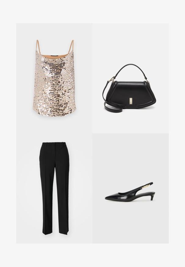 Effen naadloze top met dunne bandjes, voorzien van zilveren en zwarte pailletten in een glinsterend patroon, gladde textuur en een relaxed fit.; Zwarte op maat gemaakte broek met een recht model, voorzien van een soepele textuur en scherpe plooien aan de voorkant. Geen zichtbare hardware.; Zwarte leren slingback hakken met een spitse neus, voorzien van een slanke hak en een goudkleurige accent op de verstelbare band. Gladde textuur.; Zwarte leren handtas met een gestructureerd ontwerp, featuring een verkorte vorm, bovenhandvat en gouden hardwareaccent. Inclusief verstelbare schouderband.