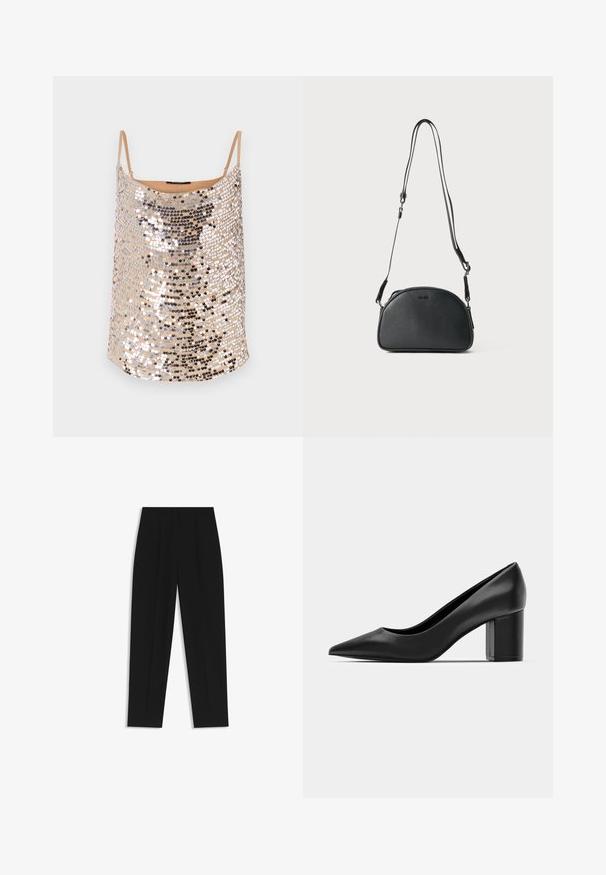 Top nude in paillettes con spalline sottili, caratterizzato da paillettes argento e nere in un motivo scintillante, texture liscia e vestibilità comoda.; Pantaloni neri a taglio dritto, con doppie pieghe, una texture liscia e un design classico in vita. Nessun hardware o dettaglio visibile.; Decolleté in pelle nera con punteggiatura e tacco quadrato spesso. Texture liscia, design semplice, adatto per ambienti formali.; Borsa a tracolla in pelle nera di forma arrotondata, con due cinturini regolabili e un logo sottile sulla parte anteriore. Esterno testurizzato, design minimalista.