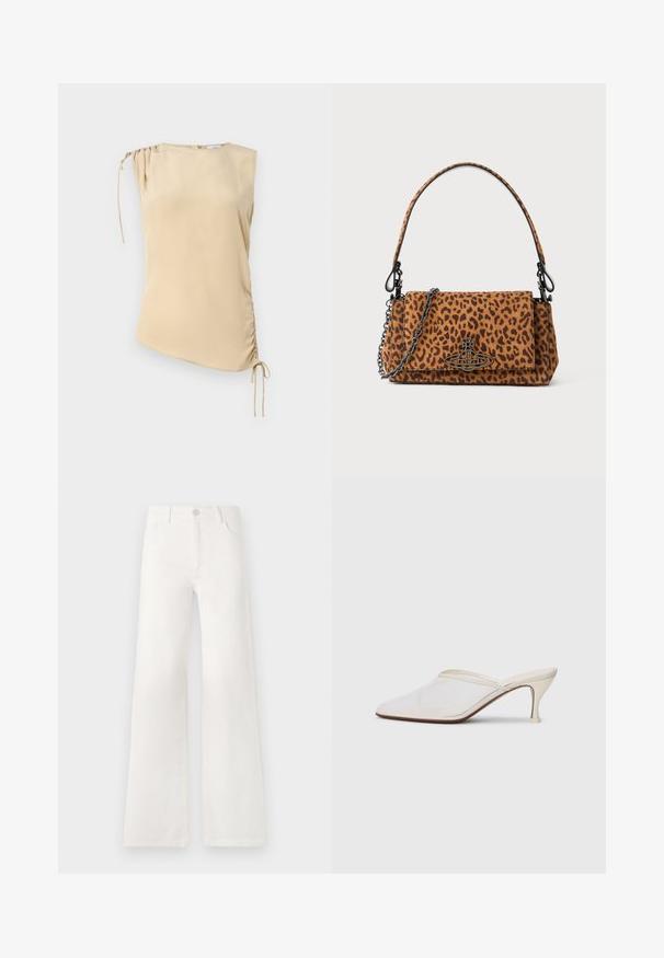 Beige ärmlös topp med asymmetrisk nederkant, som har en rynkad sektion vid axeln och justerbara snören på ena sidan. Slät textur.; Vita, högmidjade jeans med vida ben i denim. Har en knappstängning, två framfickor och sidsömmar med stickningsdetaljer.; Vit nät-mule med spetsig tå, smal klack i medelhöjd och slip-on design mot en enkel bakgrund.; Väsk med leopardmönster, tillverkad av mocka, med ett kort handtag, en kedjeslinga och ett spänne i svart metall. Rektangulär form med klaffstängning.