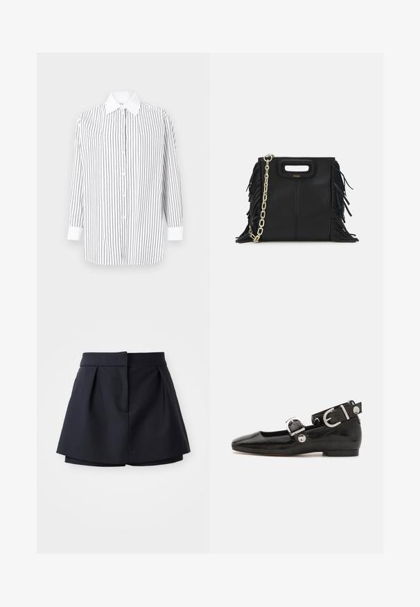 White long-sleeve shirt featuring thin black vertical stripes, button-up front, and a classic collar with contrasting white cuffs.; Navy pleated shorts with a high waist, made from smooth fabric. Features a fitted design and hidden front pocket.; Black patent leather flat shoe with a squared toe, ankle strap featuring silver hardware, and flat sole. Smooth texture with minimalist design.; Black leather handbag with fringe details, gold chain shoulder strap, and a cut-out handle. Features logo placement on the front.