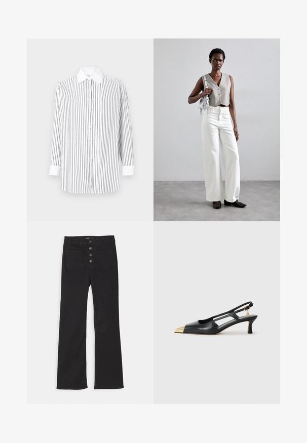 White long-sleeve shirt featuring thin black vertical stripes, button-up front, and a classic collar with contrasting white cuffs.; Black denim flared jeans with a high waist, five-pocket design, and a front button closure featuring four metal buttons.; Black leather slingback shoe with a pointed toe and gold metallic cap. Features cut-out design and a slender heel with an adjustable strap.; Gray cropped vest with buttons, paired with white wide-leg jeans and black flat shoes. Accessorized with a small silver fringe bag.