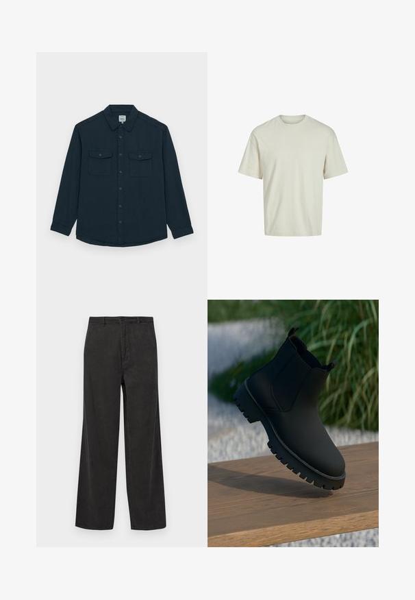 Redefined Rebel COOPER REGULAR FIT PLUS - Button down-skjorte - navy; Lys beige T-skjorte med korte ermer laget av myk bomull, med rund hals og avslappet passform, uten tilleggsmønstre eller detaljer.; Sorte kordfløyelsbukser med vid design, med vertikal ribbet tekstur, glidelås med knappelukking, og frontlommer.; Sorte ankelstøvler med en glatt finish, elastiske sidepaneler og en tykk, robust såle. Plassert mot en naturlig bakgrunn på en tresurface.