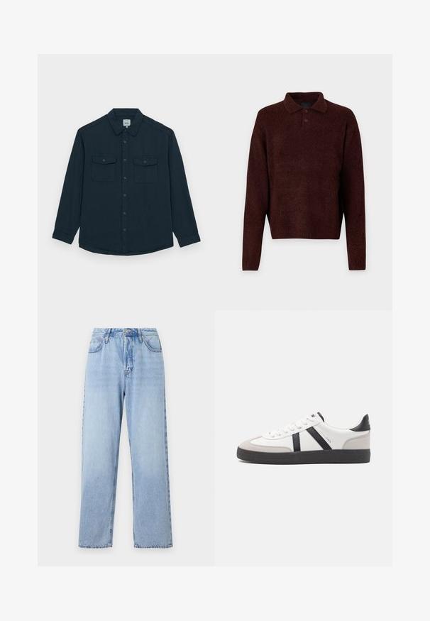 Redefined Rebel COOPER REGULAR FIT PLUS - Košile - navy; Hnědý pletený pullover s polo límcem, třemi knoflíky na krku a dlouhými rukávy. Měkká textura, žebrované manžety a lem.; Světle modré džíny z denimu se rovný fit, vysokým pasem, pěti kapsami a uzávěrem na horní knoflík. Mají vybledlý vzhled a kontrastní prošívání.; Bílé tenisky s černými a šedými akcenty, opatřené texturovaným šedým prstovým krytem, černou gumovou podrážkou a plochými bílými tkaničkami. Čistý design, minimalistický styl.
