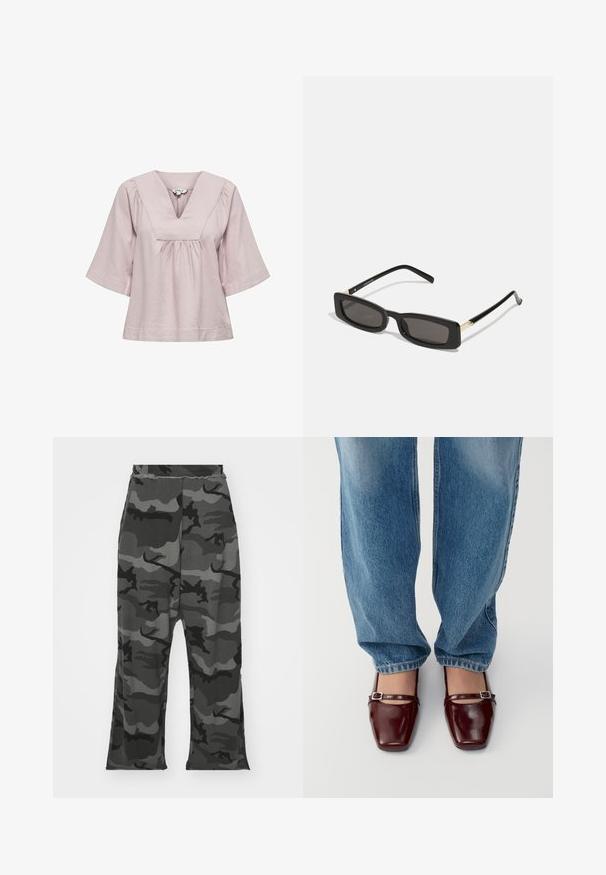 Svetlo roza bluze z V-izrezom, kratkimi širokimi rokavi in nabrano podrobnostjo na pasu. Narejena iz mehke, gladke tkanine.; Kamuflažne trenirke v odtenkih črne in sive barve, z elastičnim pasom, sproščenim krojem in rahlimi razpoki na dnu hlačnic.; Burgundske patentin gumi čevlje s kvadratnim nosom in trakom okrog gležnja, v kombinaciji s svetlo modrimi lahkotnimi džinsom. Čevlji imajo sijoč zaključek.; Črne pravokotne sončne očala s temnimi lečami, sijajnim plastičnim okvirjem in zlatimi poudarki na ušesnih delu. Minimalistična zasnova in eleganten oblik.; Črna usnjena torba s pletenimi ročaji, žepom na zadrgo in visečimi resicami. Teksturična površina z kovinskimi okrasnimi studenčki in dodatki iz kovine.; Zlate uhane v obliki obročkov z gladko, sijočo površino. Krožna zasnova s majhnim nosilcem in prozornim podplatom za varno nošenje.